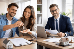 Client receiving house keys and affordable real estate lawyer reviewing documents in Toronto with mobile signing