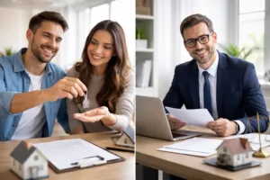 Client receiving house keys and affordable real estate lawyer reviewing documents in Toronto with mobile signing