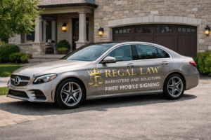 Mercedes C300 sedan in Mojave Silver branded with Regal Law Barristers and Solicitors offering free mobile signing in Toronto